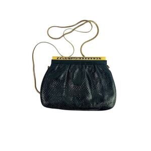 Andre Cellini Vintage 1980s Black Snakeskin Shoulderbag Goldtone Hardware Embell
